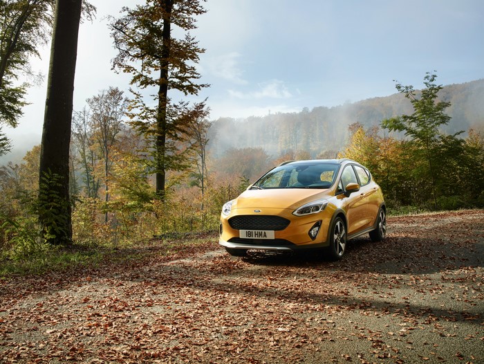 Yellow Ford Fiesta Active in Autumn Forest