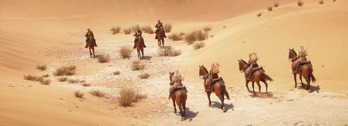 Soldiers on horses in a desert landscape from Battlefield 1