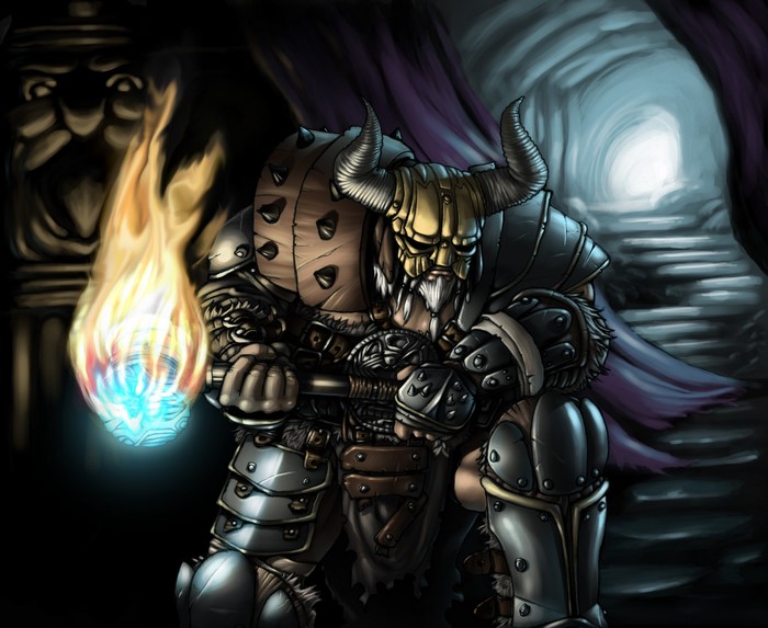 Barbarian warrior with flaming torch in Diablo III