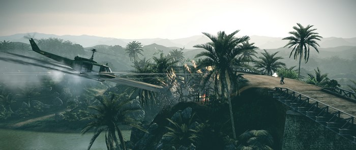 Helicopter and soldier on a bridge in Battlefield: Bad Company