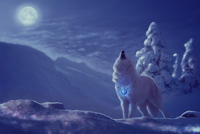 Mystical Wolf Howling Under Full Moon in Snowy Winter