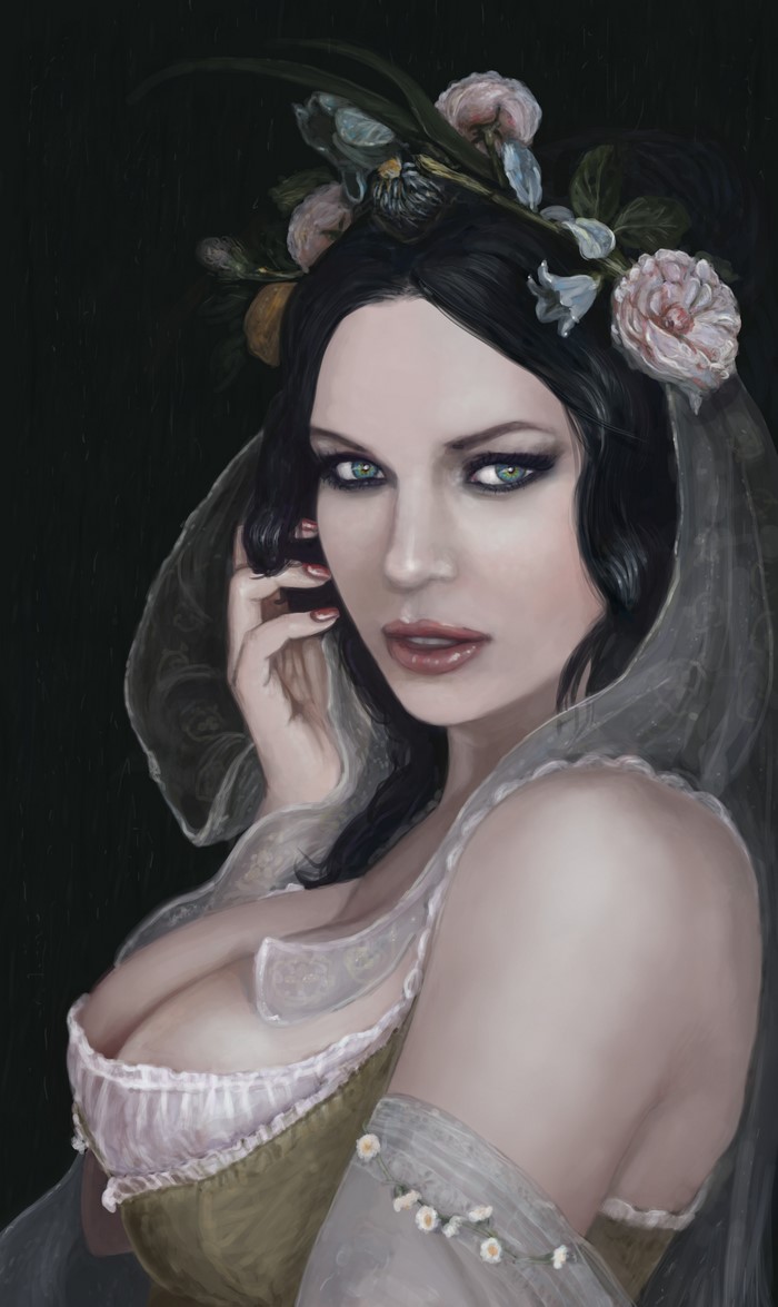 Painting of a Brunette Woman with Flowers