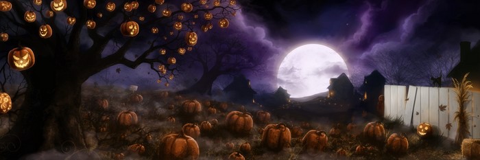 Halloween Night with Pumpkins and Full Moon