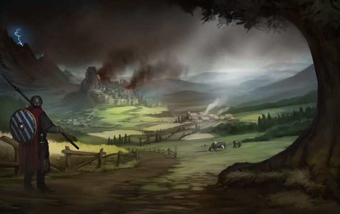 Warrior with shield and spear overlooking burning city