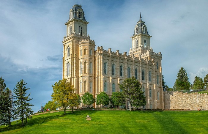Manti Utah Temple LDS Church building on a grassy hill