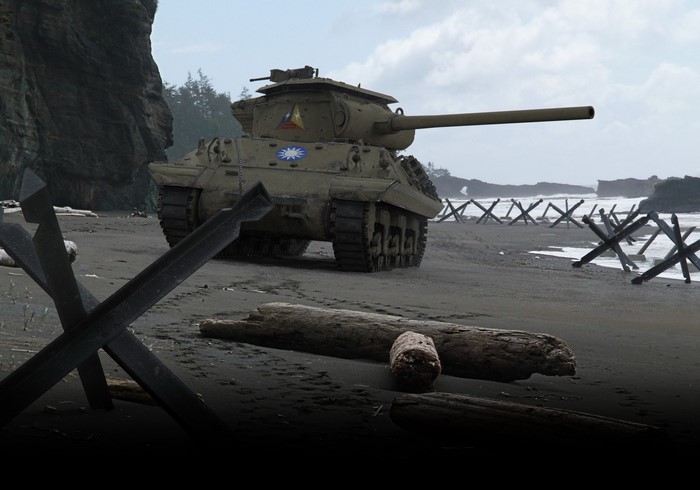 M4 Sherman tank on a beach with obstacles