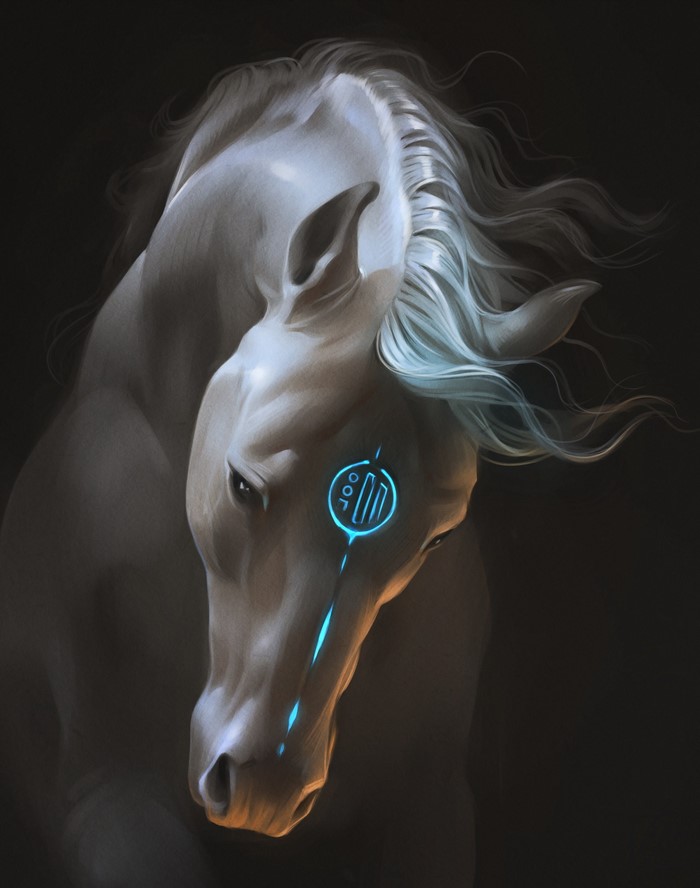 A white horse with glowing blue markings