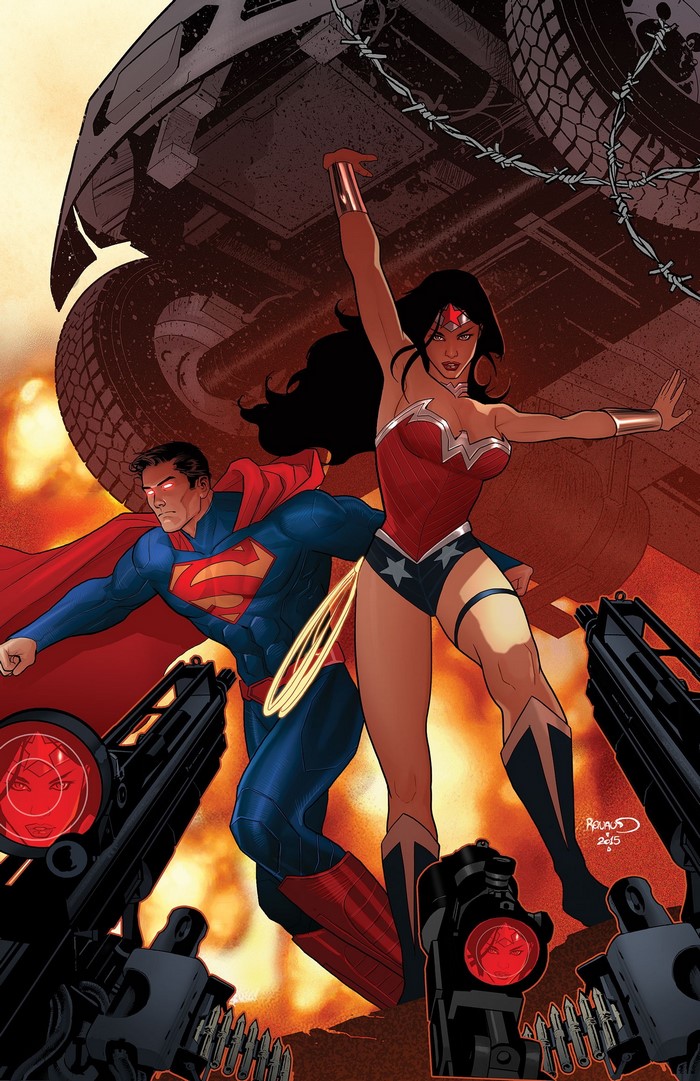 Superman and Wonder Woman in a battle