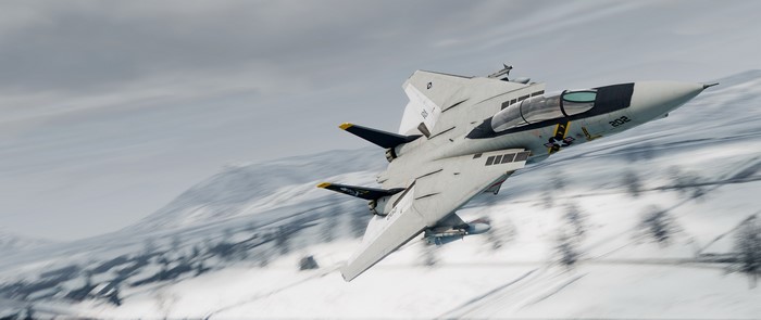 Grumman F-14D Super Tomcat flying over snowy mountains