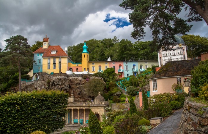 Portmeirion village with colorful buildings and gardens in Wales