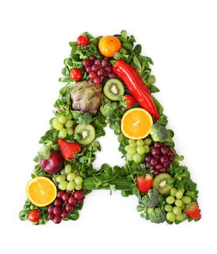 Letter A made of fruits and vegetables