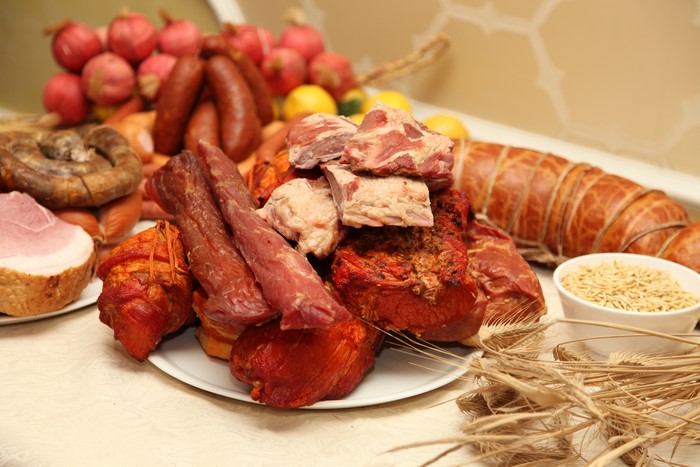 Meat products, sausages, ham, and grains
