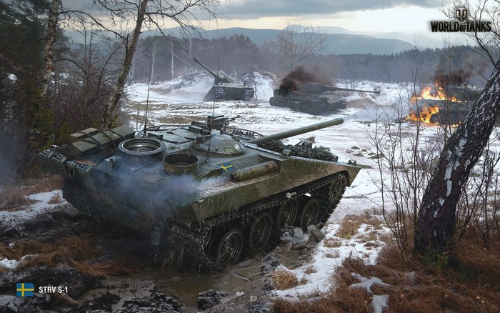 Strv S-1 tank in a muddy, snowy battlefield