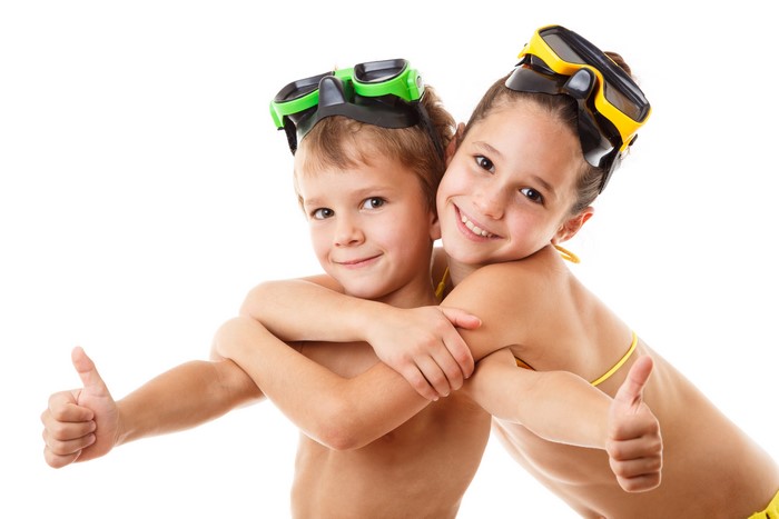 Happy Kids Wearing Swimming Goggles Showing Thumbs Up