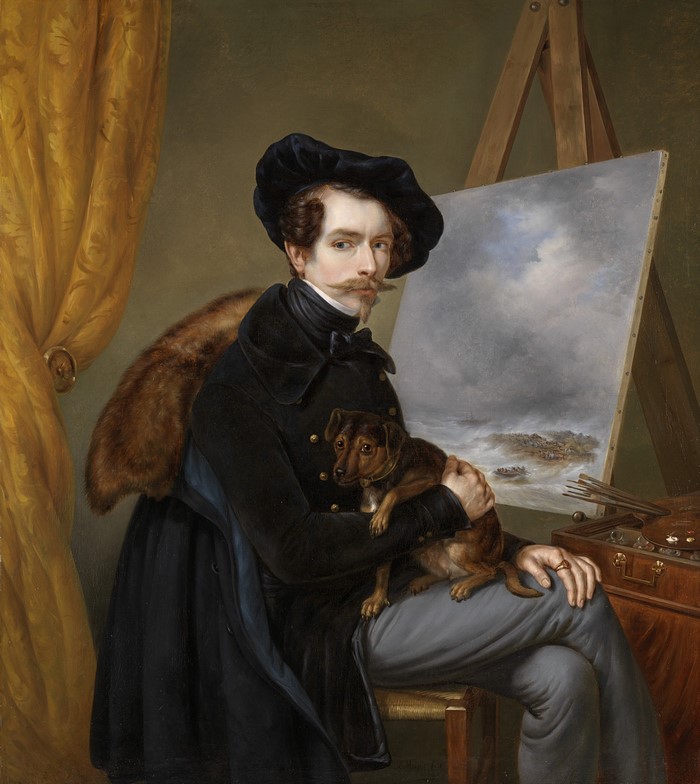 Self-portrait of Johan Hendrik Louis Meijer with a dog