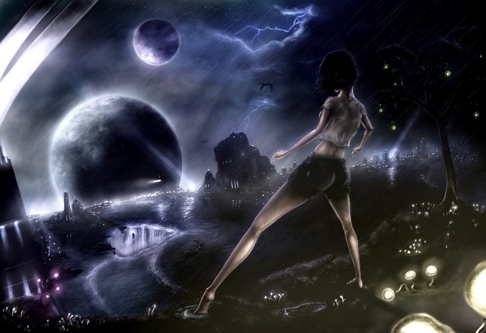 4K Fantastic world with planets and lightning
