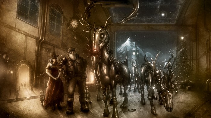 4K Steampunk Santa's Workshop with Mechanical Deer