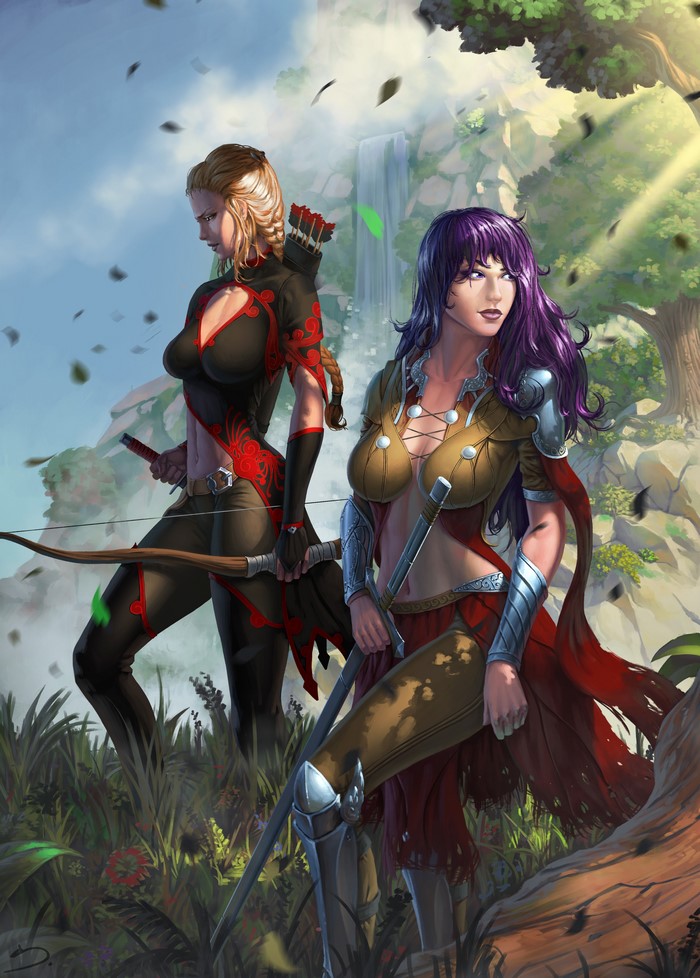 Two female warriors with bows and swords in a forest