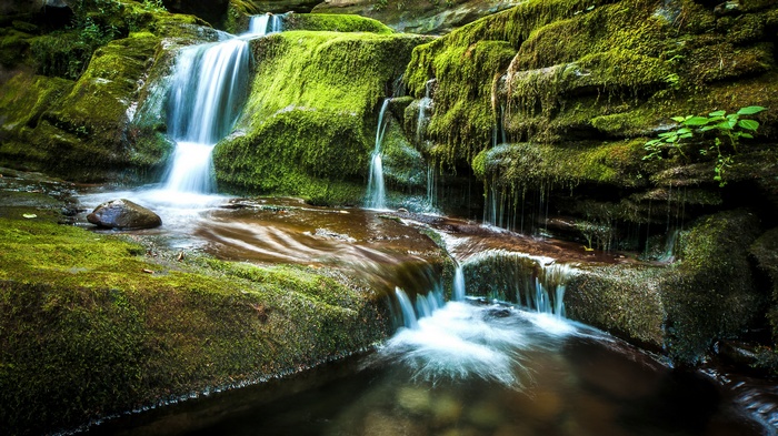 Mossy rocks with a cascading waterfall in a forest