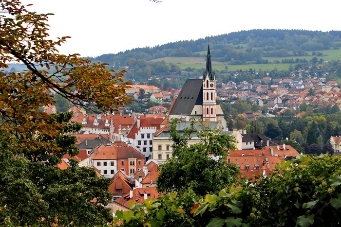 Cesky Krumlov, Czech Republic with church tower
