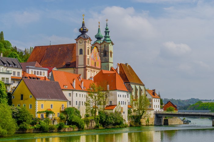 Steyr, Austria riverside with church and houses
