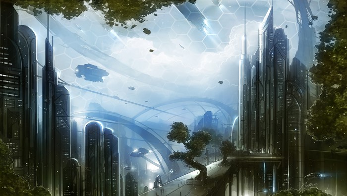 Fantastic world with futuristic skyscrapers and flying vehicles