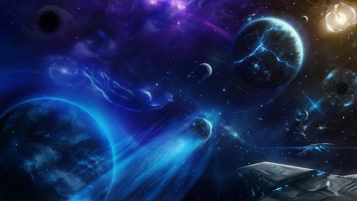 4K Space Scene with Planets and Spaceship
