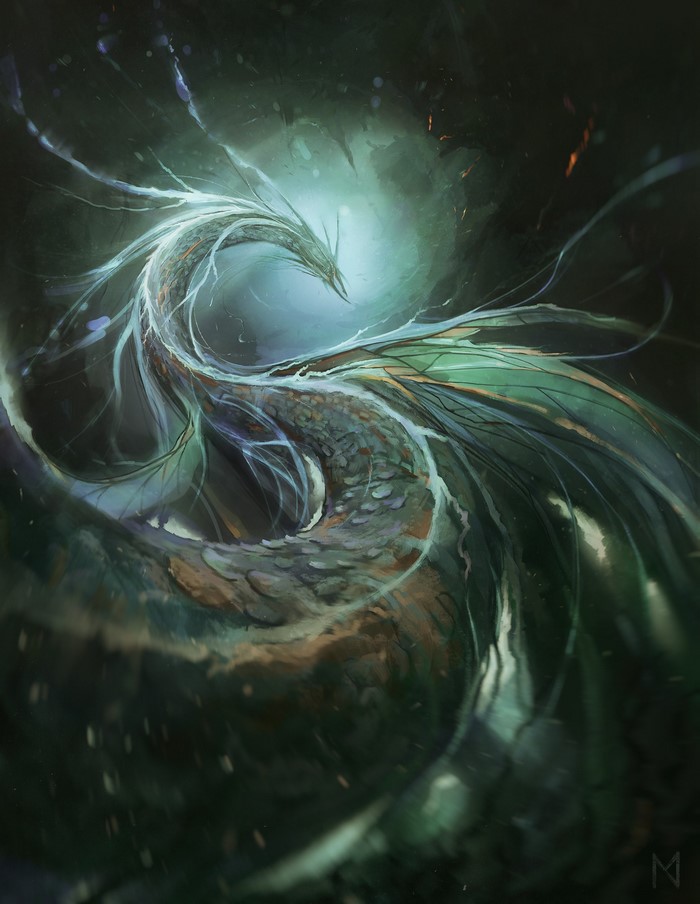 A glowing leviathan with flowing tendrils in dark water