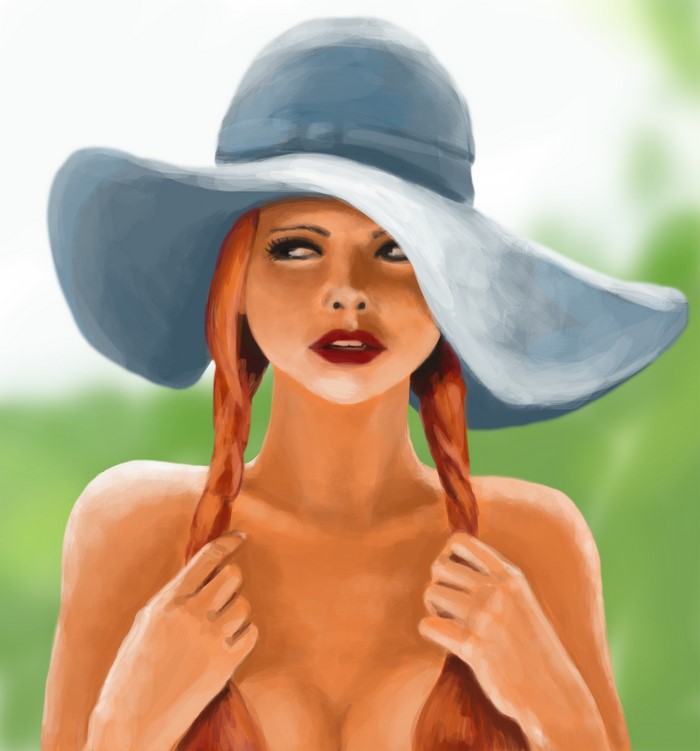 Painting of a redhead girl wearing a blue hat