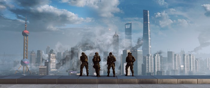 Battlefield 4 soldiers overlooking a war-torn city