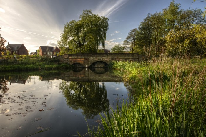 Stone bridge over a river with trees and houses