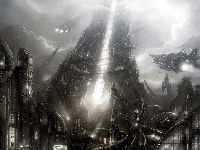 Futuristic city with flying vehicles and towering structures