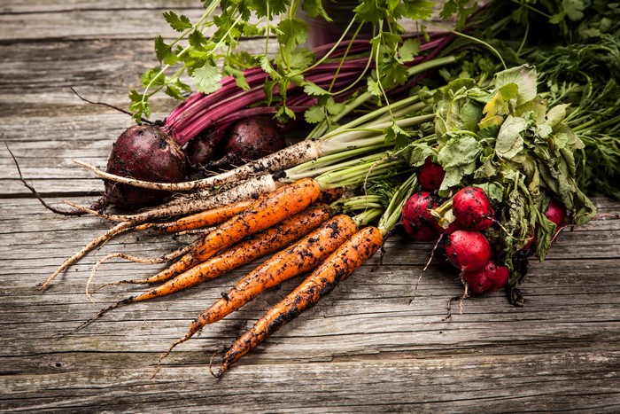 Freshly Harvested Carrots, Radishes, and Beets on Wood