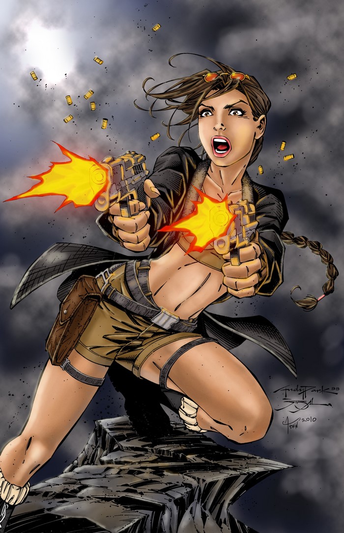 Lara Croft from Tomb Raider firing pistols