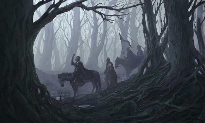 Warriors on horseback in a dark, misty forest
