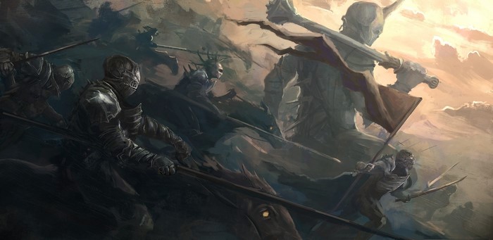 Armored warriors on horseback with spears