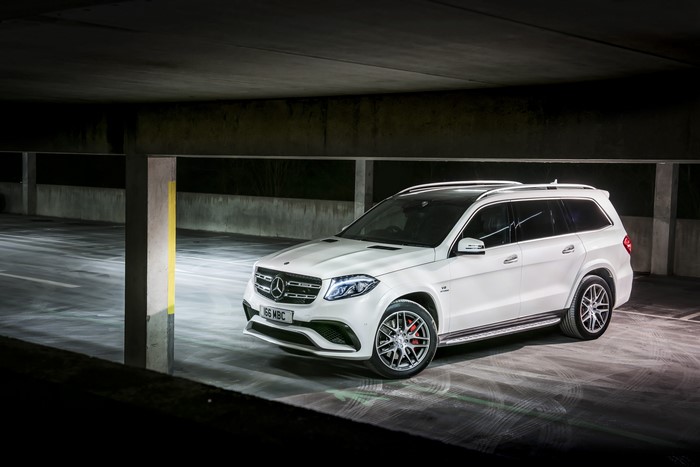 White Mercedes-Benz AMG X166 GLS-Class in parking garage