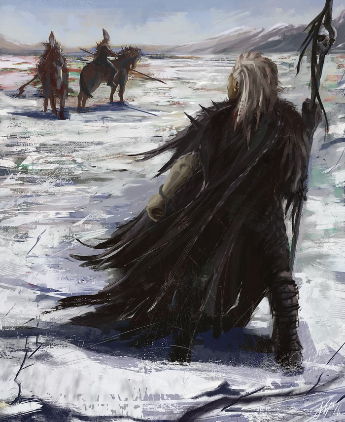 Warriors in cloaks on a snowy landscape