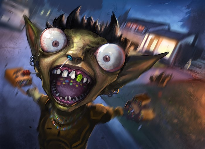 A goblin screaming with candy and trick-or-treat bags