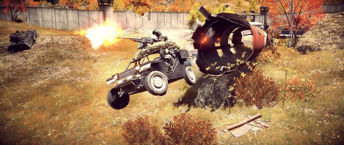 Battlefield 4: Soldiers firing machine guns from a buggy