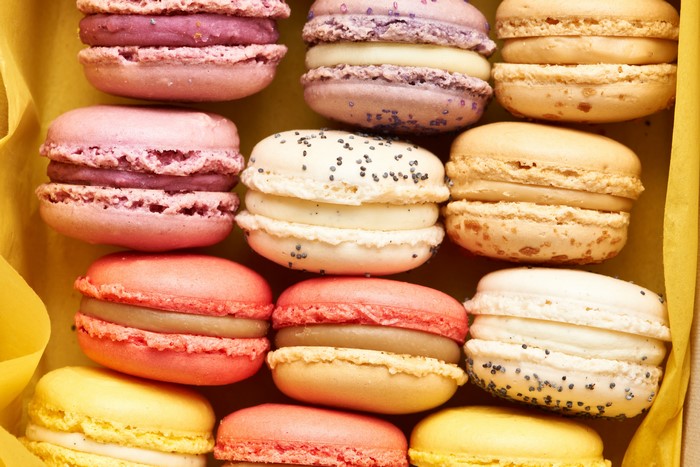 Assortment of colorful macarons in a box
