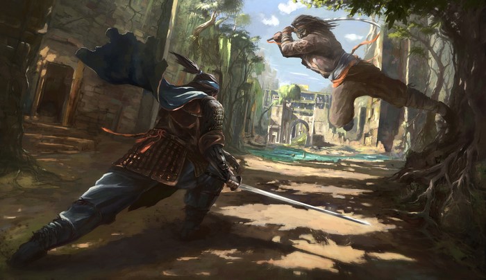 Two warriors in armor fighting with swords in ancient ruins