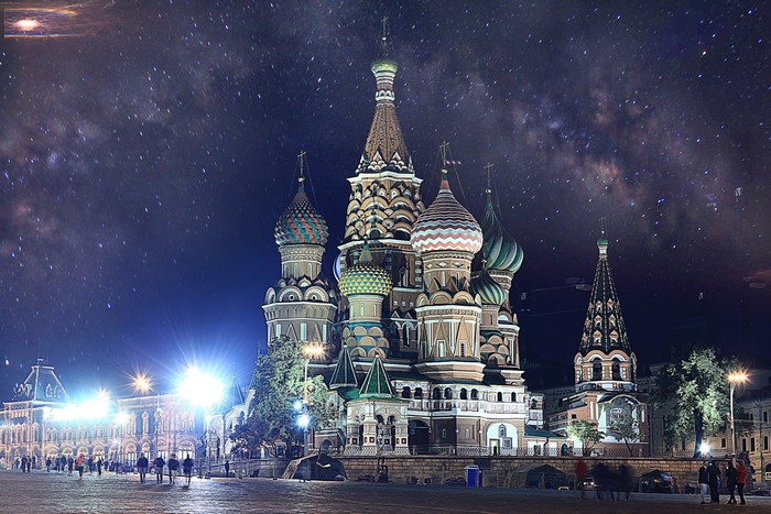 Saint Basil's Cathedral at Night with Milky Way
