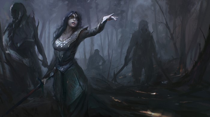 Woman with sword and shadowy figures in a dark forest