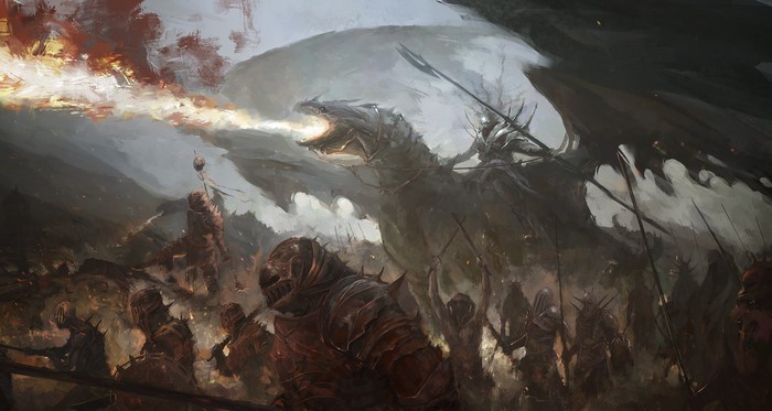 Dragon breathing fire over an army of armored warriors