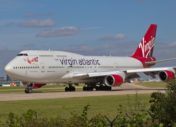 Virgin Atlantic Boeing 747-400 airplane on runway