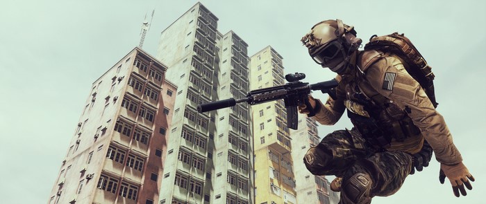 Soldier with Assault Rifle in front of Buildings