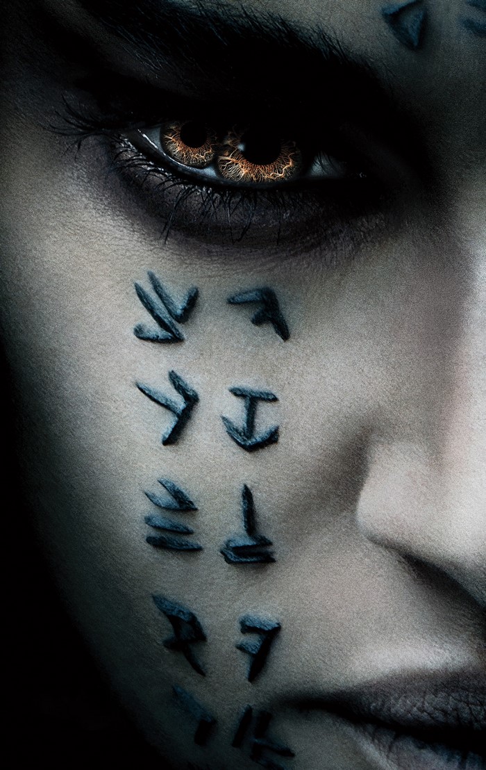 Close-up of Mummy's face with hieroglyphs