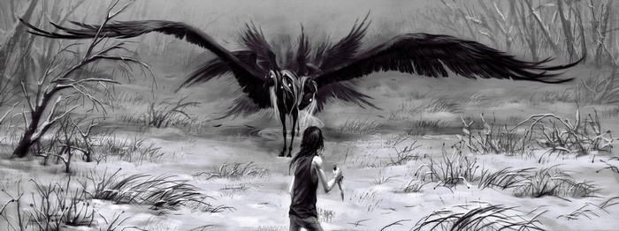 A winged creature confronts a person in a snowy forest