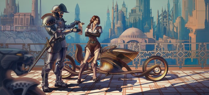 Knight and woman with steampunk vehicle in fantasy city